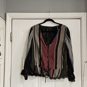 Striped V-Neck Blouse with Lace Trim